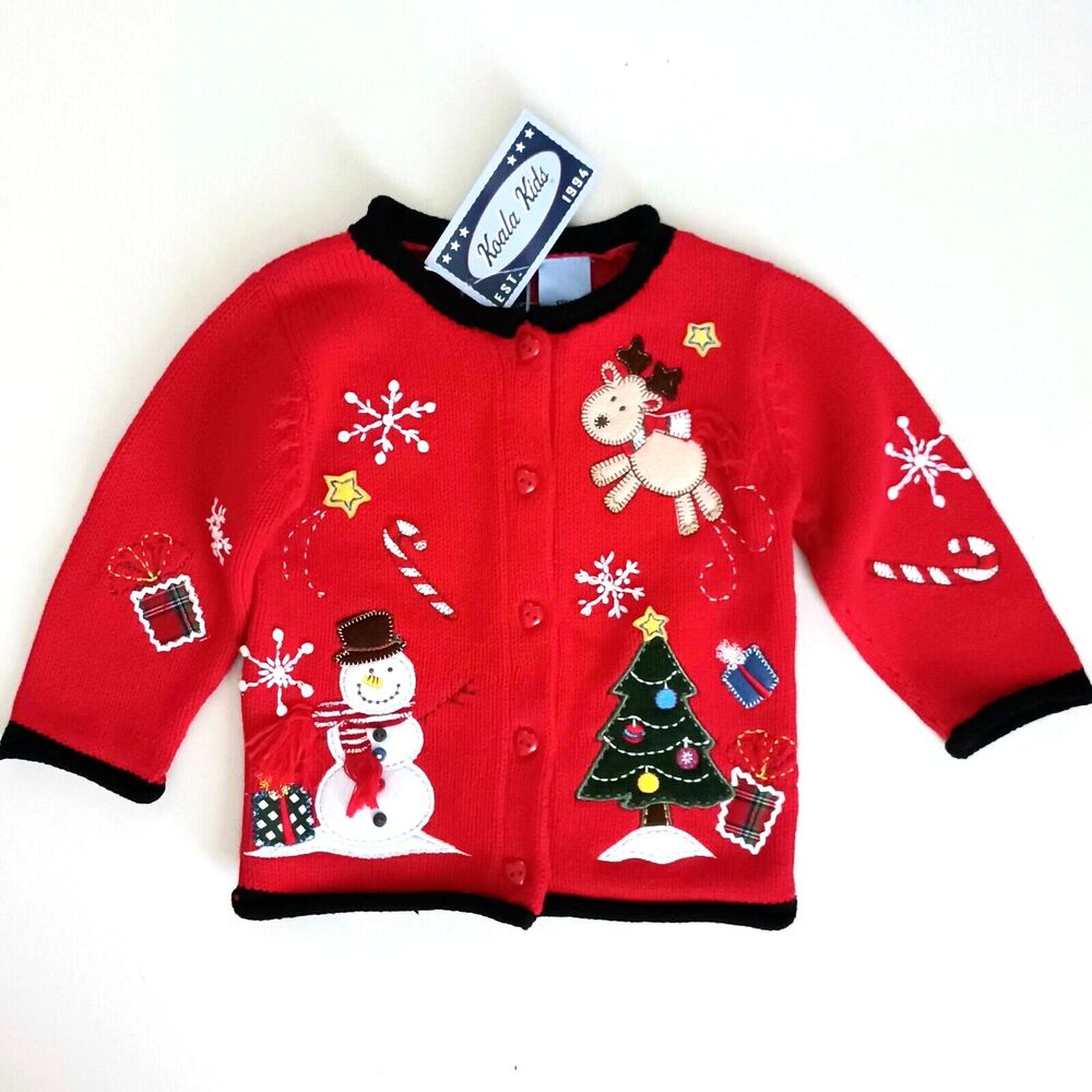 NWT Koala Kids Christmas Cardigan 12M Red Cotton Snowman XMas Tree Deer Applique